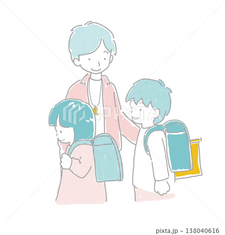 小学生の登校時に交通安全の見守りをする人物のイラスト 138040616