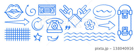 Retro Pop Art 90s Style Hand Drawn Grunge Doodle Vector Illustration Elements Set Retro Pop Art 90s Style Hand Drawn Grunge Doodle Vector Illustration Elements Set 138040916