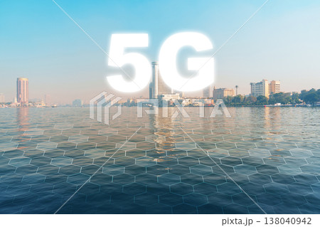 5G internet technology and city skyline near the river in daytime view 138040942