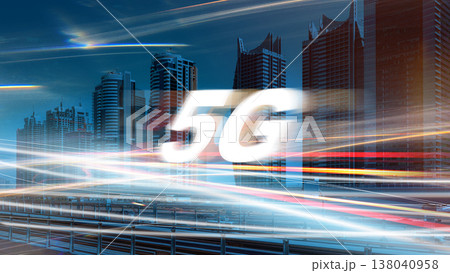 5G internet network logo over city skyline with blurred lights in fast-moving traffic 138040958