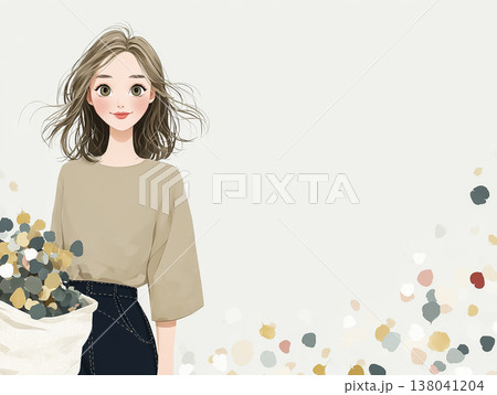 美優シリーズ：落ち葉の袋を持つ若い女性の秋イラスト素材 138041204