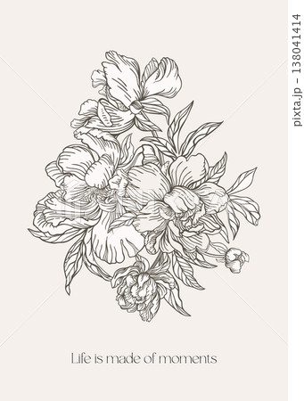 Black and white line art peony bouquet. Black and white line art peony bouquet. 138041414