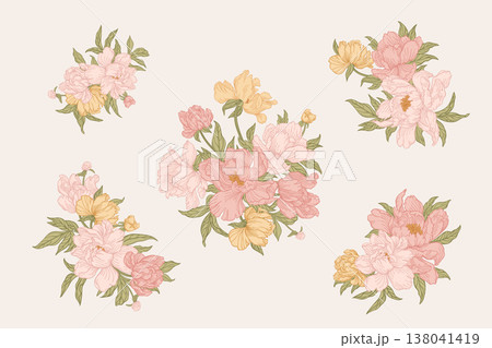 Set of delicate hand-drawn peony bouquets in soft pink, peach and yellow tones with green leaves.  138041419