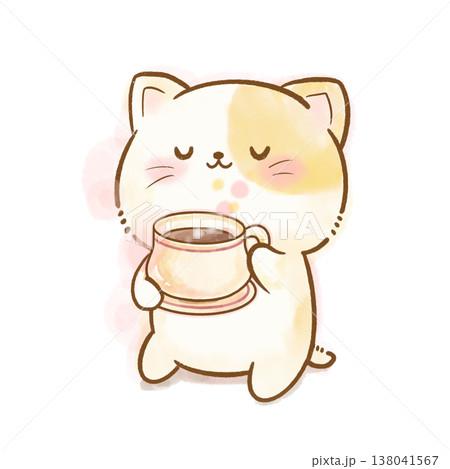 【休息・マインドフルネス】お茶を飲んでリラックスする白猫。休憩の重要性、ストレス解消、自分を労わるイ 138041567