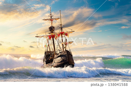 Grand view of an old sailing ship from the times of pirates on the high seas with big waves Grand view of an old sailing ship from the times of pirates on the high seas with big waves 138041588