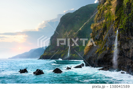 Beautiful view of Cascata do Veu da Noiva waterfall or Bridal Veil near Porto Moniz and Seixal. Madeira Island, Portugal Beautiful view of Cascata do Veu da Noiva waterfall or Bridal Veil near Porto Moniz and Seixal. Madeira Island, Portugal 138041589