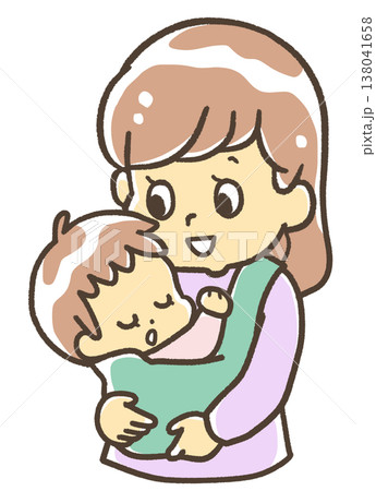 抱っこひもで寝ている赤ちゃんを抱っこする女性 138041658