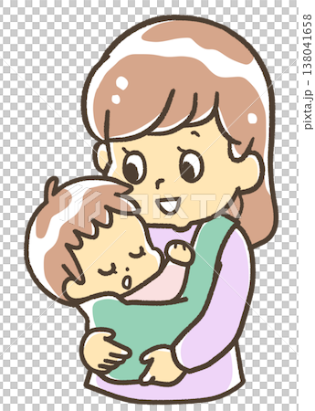 抱っこひもで寝ている赤ちゃんを抱っこする女性 138041658