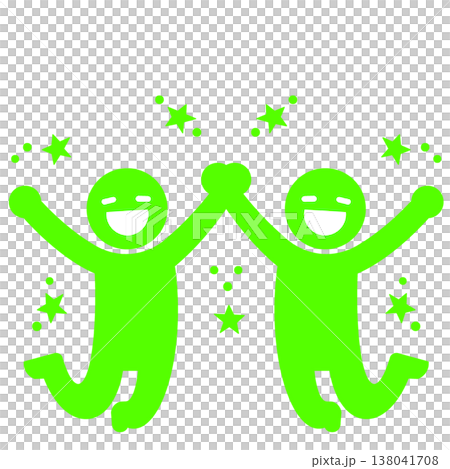 一個綠色的象形圖，描繪了兩個人跳躍並擊掌的場景。 138041708
