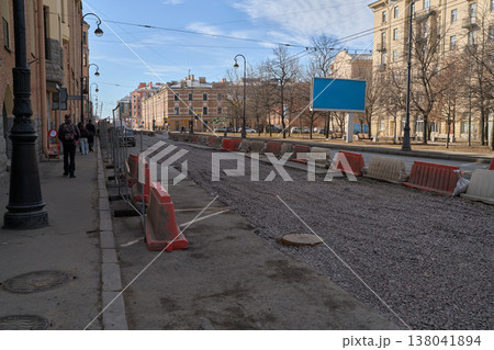 City Redevelopment Scene. Revamping Of Urban Roadway With Barriers And Historic Architecture 138041894