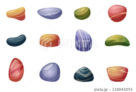 Colorful river stones. Different smooth stone, underwater sea lake elements. Decorative pebbles for landscape, decorating, spa. Natural nowaday vector elements Colorful river stones. Different smooth stone, underwater sea lake elements. Decorative pebbles for landscape, decorating, spa. Natural nowaday vector elements 138042055