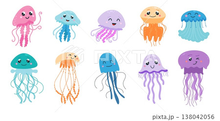 Funny cartoon jellyfish. Adorable jellyfish, underwater cute characters. Sea ocean animals, children mascots. Different nautical creatures, classy vector clipart 138042056
