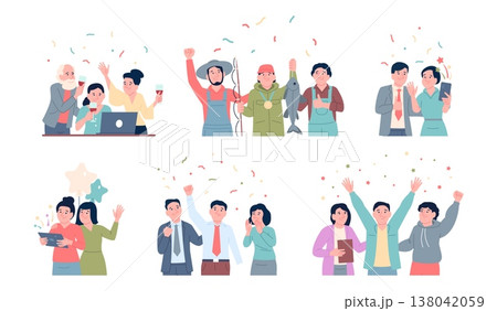 Congratulate winners. Colleagues and family congratulation champions online. Happy people with wine, medals, trophy and confetti. Career achievement, recent vector scenes Congratulate winners. Colleagues and family congratulation champions online. Happy people with wine, medals, trophy and confetti. Career achievement, recent vector scenes 138042059