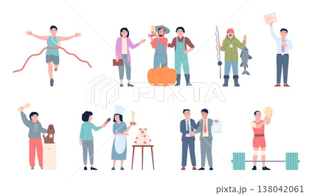 People with trophy. Male female winning in different competition, show, on work. Sport champions, culinary trophy, farming and career achievements, recent vector set People with trophy. Male female winning in different competition, show, on work. Sport champions, culinary trophy, farming and career achievements, recent vector set 138042061