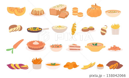 Tasty dishes from vegetables. Different cakes, cookies, soup from pumpkin, carrot, sweet potato. Mash potato, fried yam sticks. Fresh farm food, vector set 138042066
