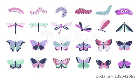 Spring summer insects. Isolated insect characters. Colorful caterpillars, dragonfly, different butterflies. Beautiful butterfly, stickers vector design Spring summer insects. Isolated insect characters. Colorful caterpillars, dragonfly, different butterflies. Beautiful butterfly, stickers vector design 138042068