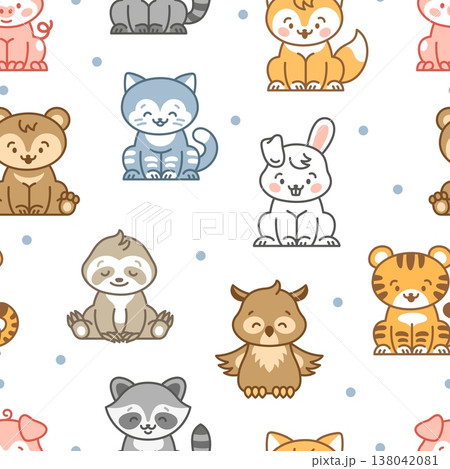 Funny animals seamless pattern. Kawaii animal characters. Cartoon pig, sloth, raccoon, bear, tiger and cat. Childish print textile, wrapping, vector background 138042081