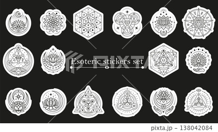 Esoteric stickers set. Different magical line elements with constellation, stars, lotus flowers, moon. Tarot, astrology, meditation symbols, vector labels design Esoteric stickers set. Different magical line elements with constellation, stars, lotus flowers, moon. Tarot, astrology, meditation symbols, vector labels design 138042084