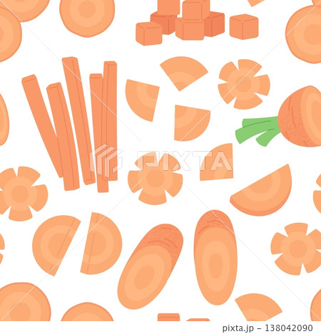 Cartoon cut carrot. Carrots slices, sticks and figures. Fresh vitamin ingredient, farm vegetable for eating and cooking. Healthy food print, vector background Cartoon cut carrot. Carrots slices, sticks and figures. Fresh vitamin ingredient, farm vegetable for eating and cooking. Healthy food print, vector background 138042090