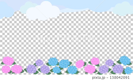 紫陽花と雲のフレーム（16:9）ベクター｜背景透過・梅雨のバナー素材 138042091