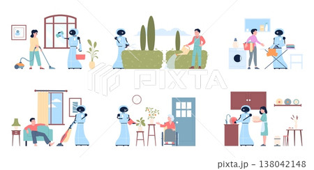 Cleaning with robot. People interact with android, clean house and cares plants. Modern digital technologies, housekeepers and helpers, recent vector scenes 138042148