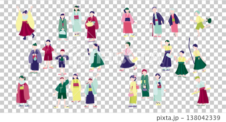 一組描繪人們穿著和服的插圖。 138042339