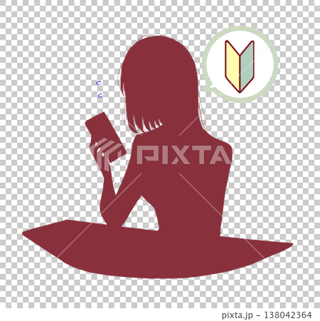 A woman struggling to use her smartphone; beginner; silhouette. A woman struggling to use her smartphone; beginner; silhouette. 138042364