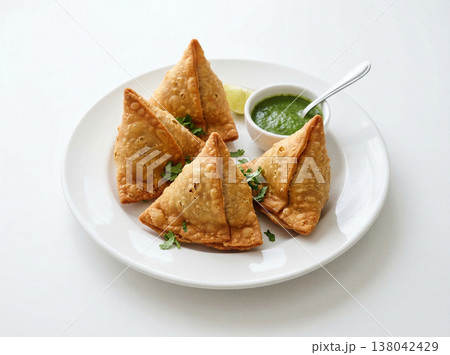 Four golden fried samosas with green chutney dip on white plate, studio shot, indian food Four golden fried samosas with green chutney dip on white plate, studio shot, indian food 138042429