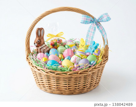 Wicker easter basket filled with colorful eggs, candy, and chocolate bunny decoration, plaid ribbon Wicker easter basket filled with colorful eggs, candy, and chocolate bunny decoration, plaid ribbon 138042489