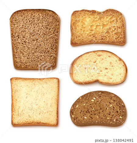 Realistic bread brown toasts. Wheat rye bran sourdough bread with grain different toast top view, breakfast healthy food sandwich piece, 3d isolated set garish vector illustration Realistic bread brown toasts. Wheat rye bran sourdough bread with grain different toast top view, breakfast healthy food sandwich piece, 3d isolated set garish vector illustration 138042491