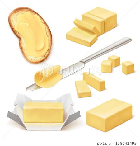 Realistic butter. Butter stick margarine block spread bar curl slice creamy brick, dairy product set milk breakfast food battered bread knife 3d isolated garish vector illustration Realistic butter. Butter stick margarine block spread bar curl slice creamy brick, dairy product set milk breakfast food battered bread knife 3d isolated garish vector illustration 138042493