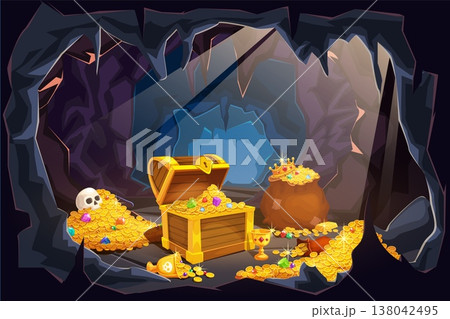 Cave pirate treasure. Gold treasures chest hidden mountain rock trove entrance cartoon background, coin gemstone pile game dungeon scene old treasury ingenious vector illustration 138042495