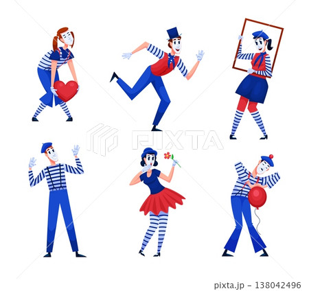 Mime actors. Pantomime actor circus character, french street performer silent mimic gesture clown costume beret france paris comedy theatre show, qualitative vector illustration 138042496