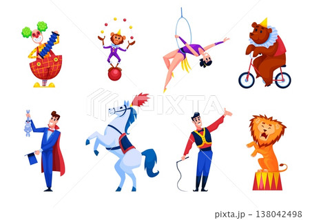 Cartoon circus characters. Animal trainers chapiteau performer, carnival artist clown juggler ball acrobat magician funny monkey bear lion horse set qualitative vector illustration Cartoon circus characters. Animal trainers chapiteau performer, carnival artist clown juggler ball acrobat magician funny monkey bear lion horse set qualitative vector illustration 138042498
