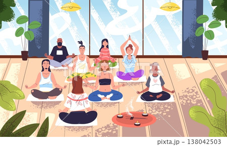 Yoga meditation group. Calm people meditate together class room interior, breathing exercise training mindfulness vipassana pranayama spiritual practice classy vector illustration 138042503