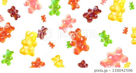 Falling gummy bears. Flying candy jelly bear, 3d isolated sweet chewy snack background colorful fruity mix sugar gum pattern fall motion realistic candies exact vector illustration 138042506