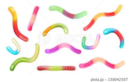 Gummy worms. Realistic sour chewy worm, candy jelly snack fruit treat colorful candies red green fun sticky sweet food dessert fruit gummy sweets set, 3d exact vector illustration Gummy worms. Realistic sour chewy worm, candy jelly snack fruit treat colorful candies red green fun sticky sweet food dessert fruit gummy sweets set, 3d exact vector illustration 138042507