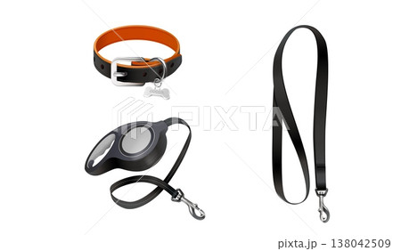 Realistic belt collars. Leather pet collar with metal buckle, dog cat safety control puppy training necklace nylon strap domestic animal isolated leashes, exact vector illustration 138042509