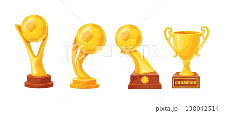 Soccer trophy cups. Soccer league golden cup, fifa world championat award sport stadium prize gold ball reward winner team champ best goal achievement, neat vector illustration 138042514