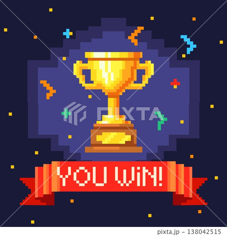 Pixel trophy banner. Winner golden cup, you win ribbon video game screen confetti vintage arcade machine old computer 8 bit monitor level victory prize, neat vector illustration 138042515