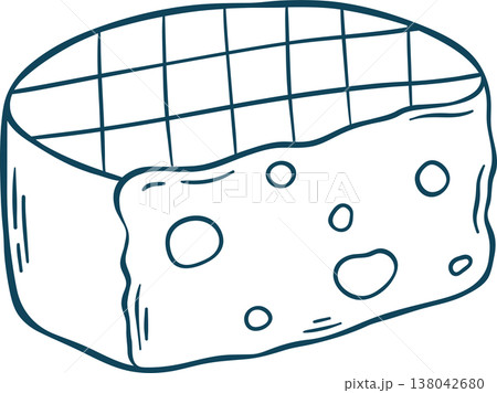 Cheese wheel, simple vector icon in doodle and sketch style with Mediterranean blue line. Hand-drawn dairy product for menus or food branding 138042680