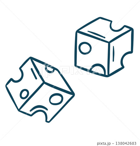 Cheese cube with holes, simple vector icon in doodle and sketch style with Mediterranean blue line. Hand-drawn Swiss-style cheese for menus or food branding 138042683