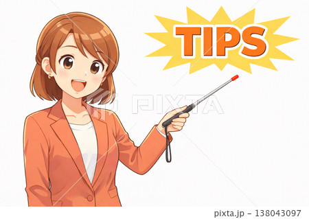 コツやヒントを伝えるビジネス向けイラスト　女性　指差し　解説素材 138043097