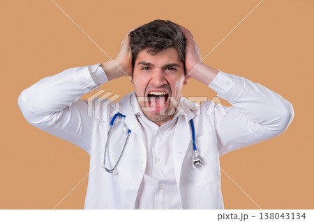 Angry Stressed Doctor Man Shouting, Yelling. Expressive Face In Frustration 138043134