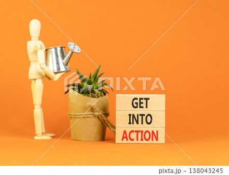 Get into action words symbol. Concept words Get into action on beautiful wooden blocks. Beautiful orange background. Businessman model. Business and Get into action concept. Copy space. Get into action words symbol. Concept words Get into action on beautiful wooden blocks. Beautiful orange background. Businessman model. Business and Get into action concept. Copy space. 138043245