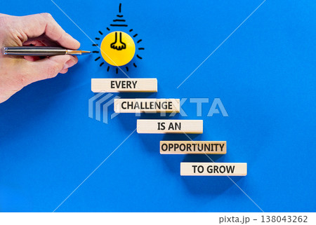 Challenge word symbol. Concept words Every challenge is an opportunity to grow on beautiful wooden blocks. Beautiful blue paper background. Business challenge is an opportunity concept. Copy space. Challenge word symbol. Concept words Every challenge is an opportunity to grow on beautiful wooden blocks. Beautiful blue paper background. Business challenge is an opportunity concept. Copy space. 138043262