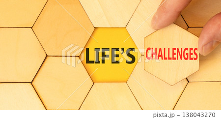 Life's challenges words symbol. Concept words Life's challenges on beautiful wooden puzzles. Beautiful yellow background. Business lifestyle and Life's challenges words concept. Copy space. Life's challenges words symbol. Concept words Life's challenges on beautiful wooden puzzles. Beautiful yellow background. Business lifestyle and Life's challenges words concept. Copy space. 138043270