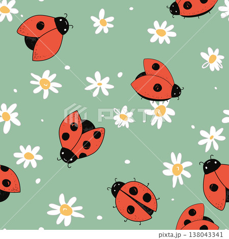 Cartoon kawaii ladybug and flowers baby seamless pattern. Ladybirds Background. Vector illustration 138043341