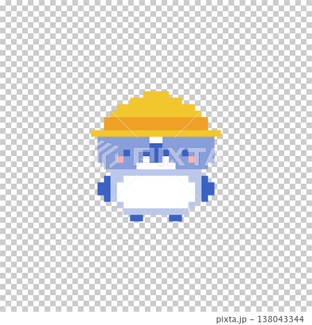 A pixel art image of a long-tailed tit chick wearing a yellow hat and blue hair. 138043344