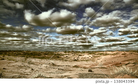 Karakum desert at sunset. The landscape of the Central Asian desert . Applied instagram filter. 138043394